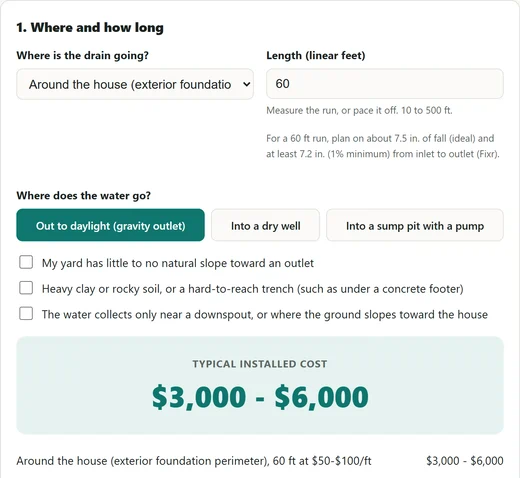 French drain cost calculator set to the worked example: around the house (exterior foundation perimeter), 60 linear feet, water out to daylight, the three site conditions unchecked. Typical installed cost $3,000 to $6,000, from 60 ft at $50 to $100 per foot, with a hint to plan about 7.5 inches of fall.